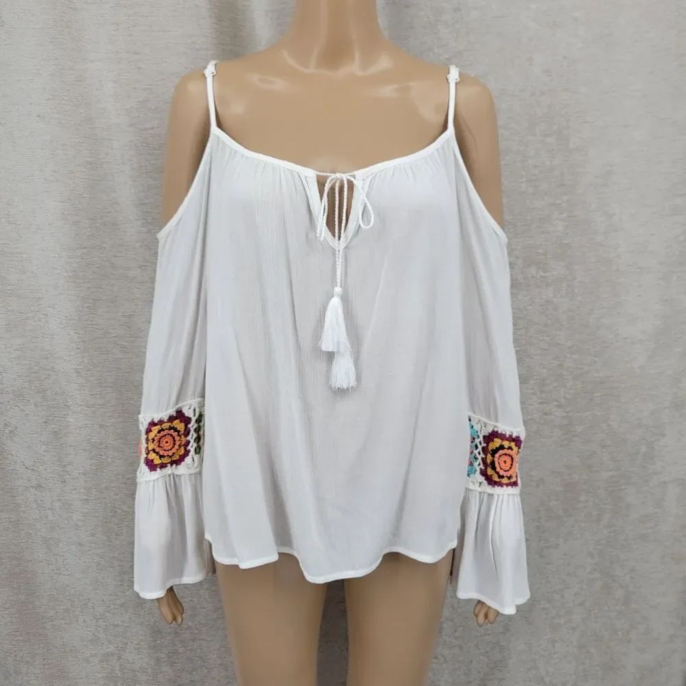 The Line Of Style White Bohemian Flowy Cold Shoulder Top with Colorful Chrochet
